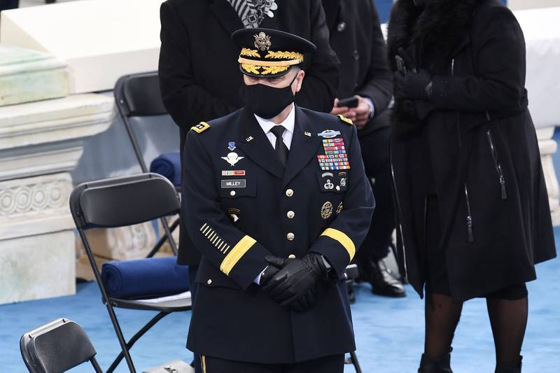 Chairman of the Joint Chiefs of Staff Gen. Mark Milley arrives for the inauguration of Joe Biden as the 46th president on Jan. 20, 2021, at the Capitol in Washington.