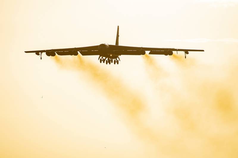 A B-52 Stratofortress flies overhead at RAF Fairford, England, Aug. 22, 2020.