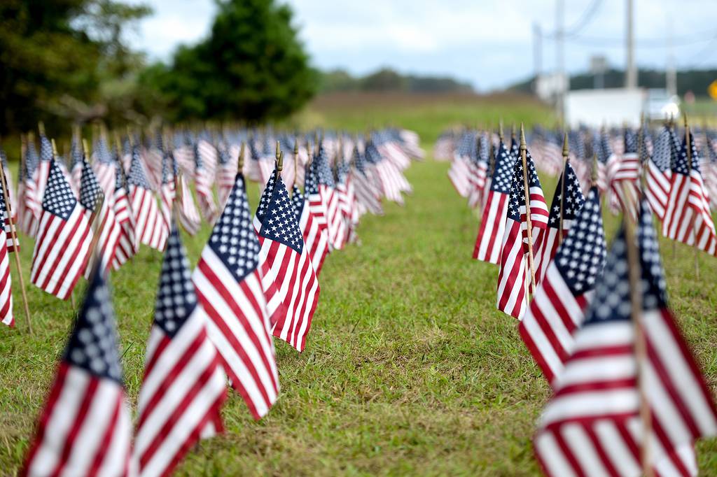 American flags stand in the ground Sept. 1, 2020, outside of the 177th Fighter Wing, Egg Harbor Township, N.J.