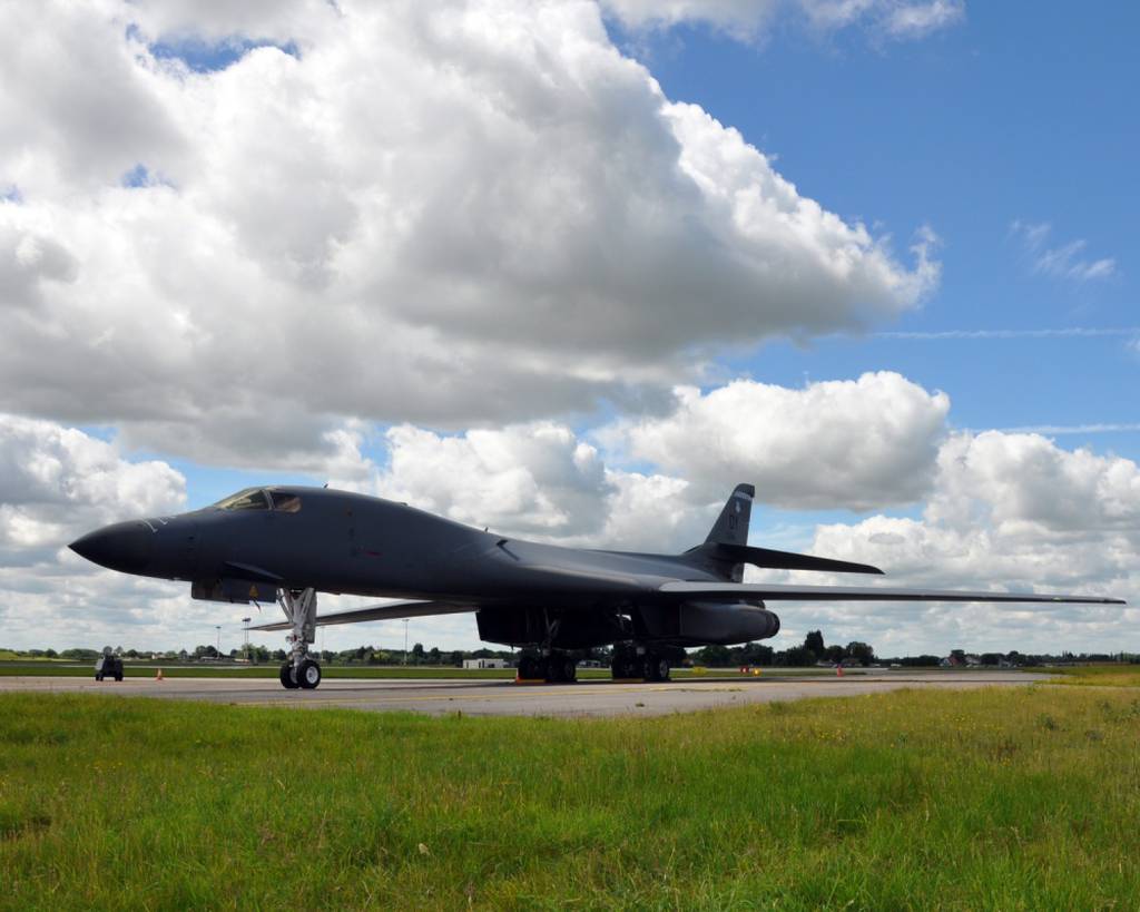A transient B-1B Bomber from the 7th Bomb Wing, Dyess Air Force Base, Texas, sits on the RAF Mildenhall flight line July 12, 2012. (Air Force/ 2nd Lt. Christopher Mesnard)
