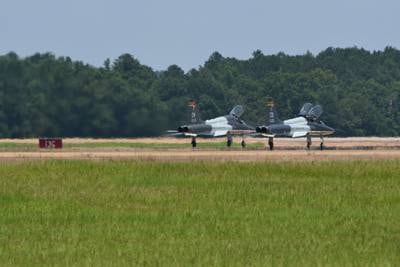 A pair of T-38 Talon aircrafts prepare to take off July 15, 2020, on Columbus Air Force Base, Miss.