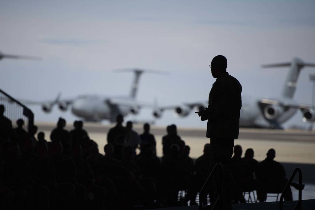 Air Force Chief of Staff Gen. CQ Brown, Jr., speaks with airmen at an all-call during his stop at Travis Air Force Base, California, Aug. 4, 2022.