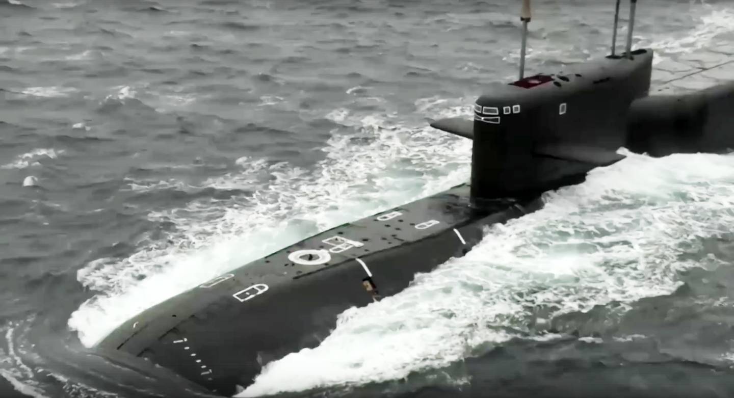 In this handout photo taken from video released by Russian Defense Ministry Press Service on Wednesday, Oct. 26, 2022, the Tula nuclear submarine of the Russian navy is on a mission to conduct a practice launch of an intercontinental ballistic missile as part of drills of the country's nuclear forces.
