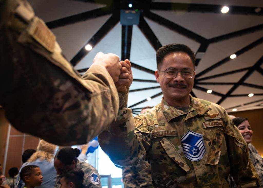 The 18th Wing congratulates its newest master sergeant selects during a celebration at Kadena Air Base, Japan, May 23, 2019. (Air Force/Staff Sgt. Benjamin Raughton)