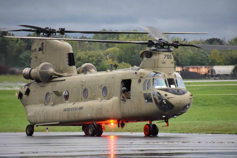 A New York Army National Guard CH-47F Chinook helicopter takes off from the Frederick Douglas Greater Rochester International Airport Sept. 28, 2022, heading for Jacksonville, Florida, to support the Florida National Guard response to Hurricane Ian.