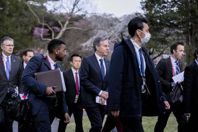 U.S. Secretary of State Antony Blinken, center, arrives for a meeting with Japan's Foreign Minister Yoshimasa Hayashi during a G7 Foreign Ministers' Meeting at The Prince Karuizawa hotel in Karuizawa, Japan, Monday, April 17, 2023.