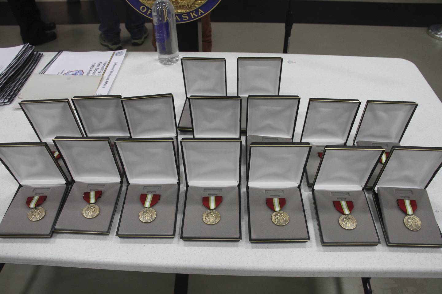 This March 28, 2023, photo shows 16 Alaska Heroism Medals prior to a ceremony in Gambell, Alaska, to honor 16 Alaska National Guard members.