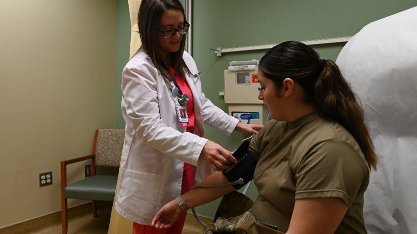 A nurse practitioner conducts a check-up for an airman on Sept. 27, 2023, at Vandenberg Space Force Base, Calif. (Senior Airman Kadielle Shaw/Space Force)
