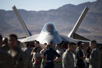 An F-22 Raptor fighter jet assigned to the 422nd Test and Evaluation Squadron sits on the ramp at Nellis Air Force Base, Nev., June 28, 2019. (Airman 1st Class Bryan Guthrie/Air Force)