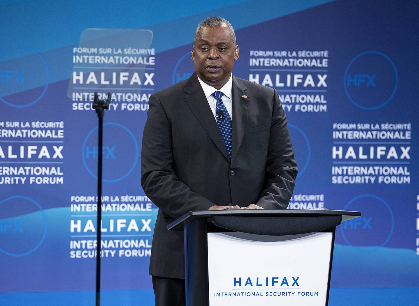 U.S. Secretary of Defense Lloyd J. Austin III delivers remarks at the Halifax International Security Forum in Halifax on Saturday, Nov.19, 2022.