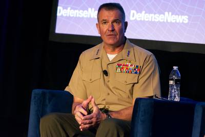 U.S. Marine Corps Lt. Gen. Karsten Heckl answers a question Sept. 6, 2023, at the Defense News Conference in Pentagon City.