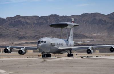 An E-3A Sentry assigned to the 552nd Air Control Wing, Tinker Air Force Base, Okla., taxis out for a mission during Red Flag-Nellis 22-2, March 16, 2022. The 414th Combat Training Squadron conducts Red Flag exercises to provide aircrews the experience of multiple, intensive air combat sorties in the safety of a training environment. (William R. Lewis/Air Force)