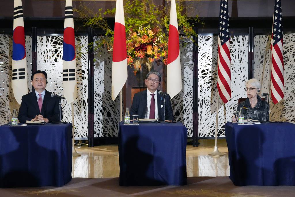 South Korea's First Vice Foreign Minister Cho Hyundong, from left, Japanese Vice Foreign Minister Takeo Mori and U.S. Deputy Secretary of State Wendy Sherman participate in a joint news conference after their trilateral meeting Wednesday, Oct. 26, 2022, at the Iikura guesthouse in Tokyo.