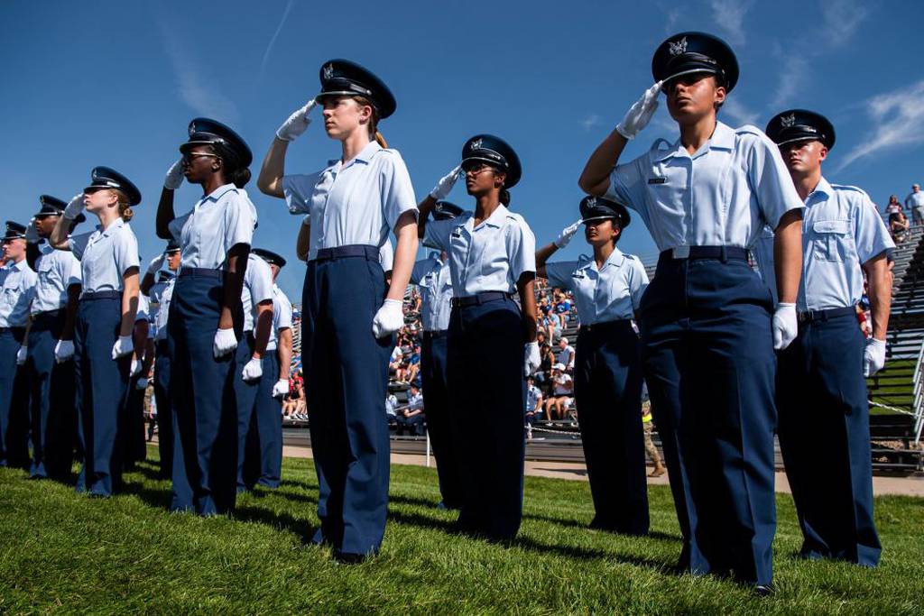 U.S. Air Force Academy cadets participate in the annual Acceptance Day Parade. During this event, cadets received their fourth-class shoulder boards to recognize completing Basic Cadet Training (BCT) and to signify their acceptance into the Cadet Wing. The parade took place on the academy’s Stillman Field in Colorado Springs, Colo., Aug. 5, 2022. (Trevor Cokley/Air Force)