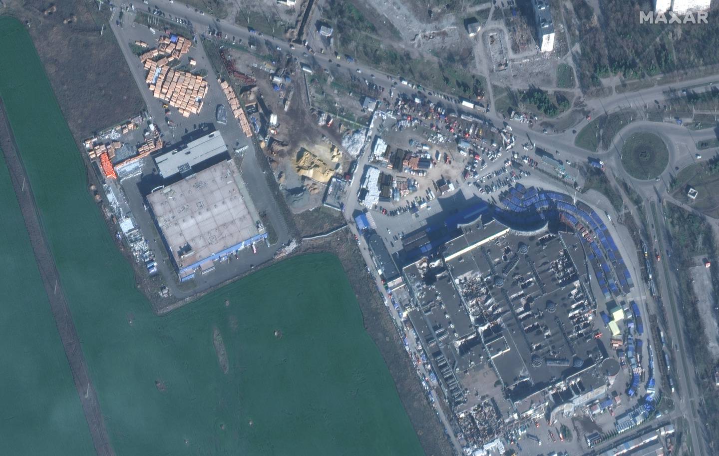 Satellite image shows building supplies at Metro Shopping Center, Mariupol, Ukraine, Nov. 30, 2022.