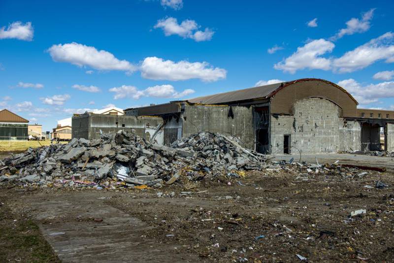 Construction continues at Offutt Air Force Base, Neb., April 8, 2022. Much of the base was damaged in a 2019 flood, requiring the demolition of many buildings.  (Jason Colbert/Army Corps of Engineers)