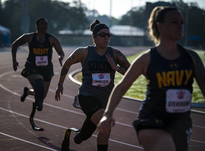 Lauren Montoya, of Team Special Operations Command, competes in the track competition at the University of South Florida track and field stadium in Tampa, Fla., on June 22 during the 2019 DoD Warrior Games.