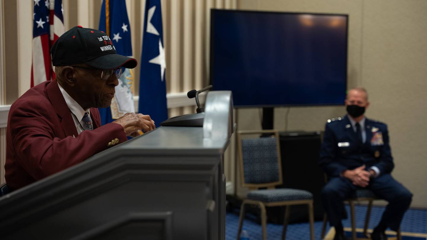 Retired U.S. Air Force Lt. Col James Harvey, an original Tuskegee Airman, speaks during the 2021 Air Force Association Air, Space and Cyber conference at National Harbor, Md., Sept. 20, 2021. (Staff Sgt. Jay Molden/Air Force)