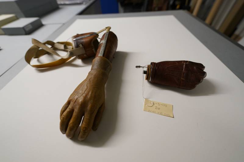 A prosthetic device for a wounded U.S. soldier, part of the new pavilion of the National World War II Museum, is shown inside an archival wing of the museum before they are put on display, in New Orleans, Friday, Sept. 29, 2023.