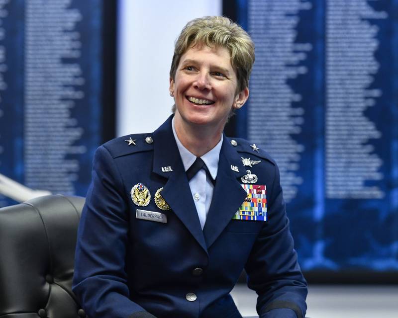 Air Force Brig. Gen. Leah G. Lauderback listens while Chief of Space Operations Gen. John W. Raymond delivers remarks during her promotion ceremony to major general at the Pentagon, Arlington, Virginia, Sept. 8, 2020. (Eric Dietrich/Air Force)