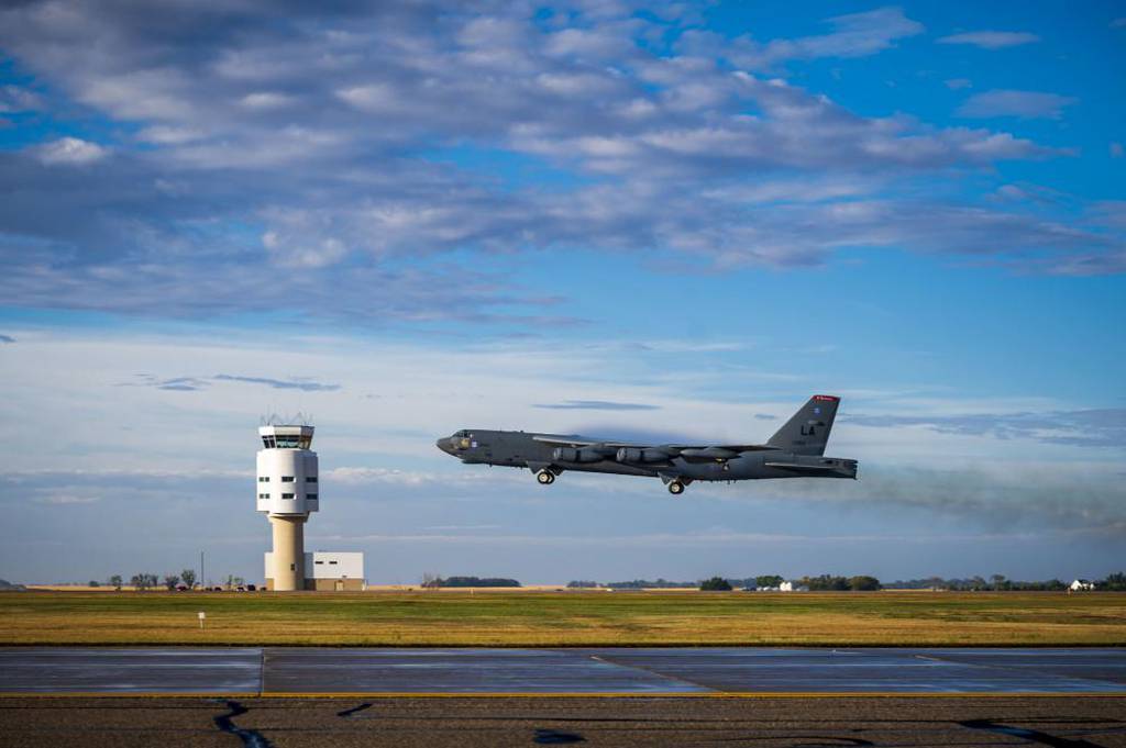 A B-52H Stratofortress takes off from Minot Air Force Base, North Dakota, during exercise Prairie Vigilance, Sept. 22, 2022. Prairie Vigilance tests the 5th Bomb Wing’s ability to conduct strategic bomber readiness operations. (Senior Airman China Shock/Air Force)