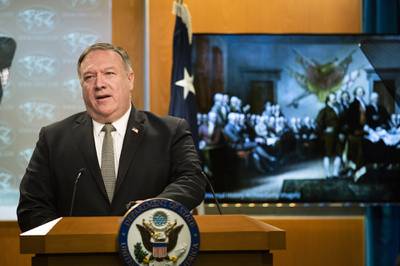 Secretary of State Mike Pompeo, speaks during a news conference at the State Department on July 1, 2020, in Washington.