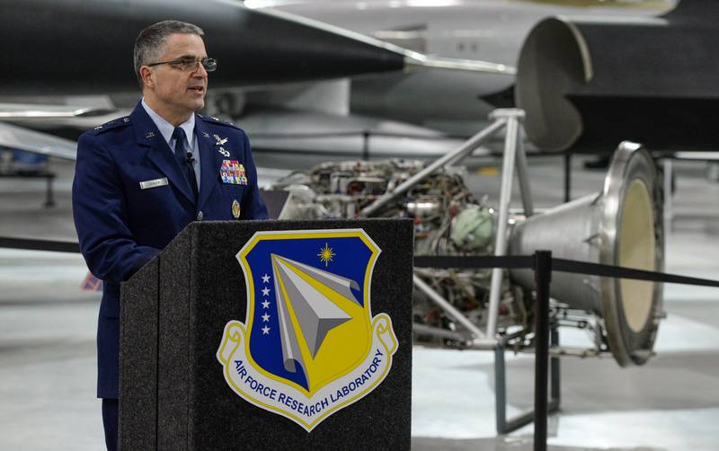 Air Force Maj. Gen. William T. Cooley, then commander of the Air Force Research Laboratory, delivers remarks during a press conference inside the National Museum of the United States Air Force, Wright-Patterson Air Force Base, Ohio, April 18, 2019. (Wesley Farnsworth/Air Force)