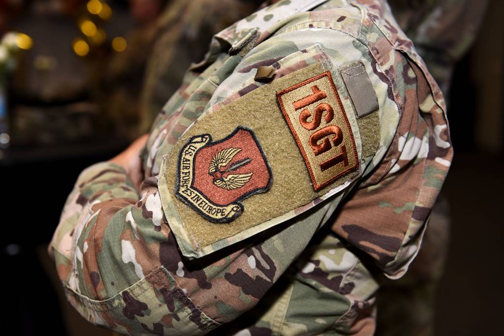 A first sergeant patch is shown on the arm of a first sergeant during an appreciation ceremony at Incirlik Air Base, Turkey, June 3, 2021. The Air Force approved multiple updates to everyday uniform wear on Dec. 3, 2021. (Senior Airman Matthew Angulo/Air Force)
