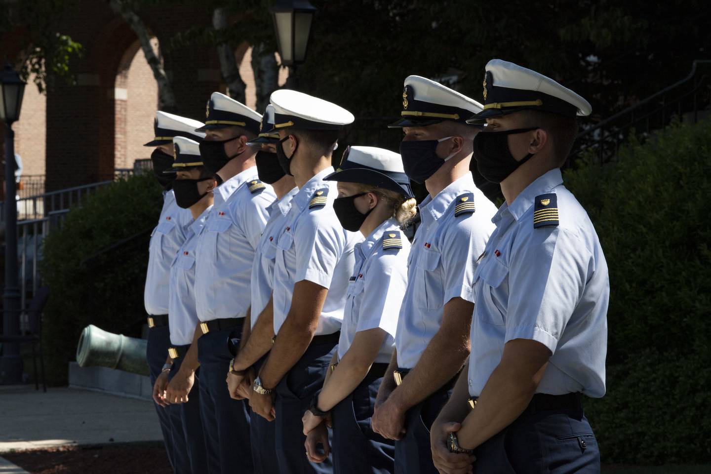 Cadets take place in the Mid-Grade Transition Ceremony at the Coast Guard Academy, July 2, 2020.