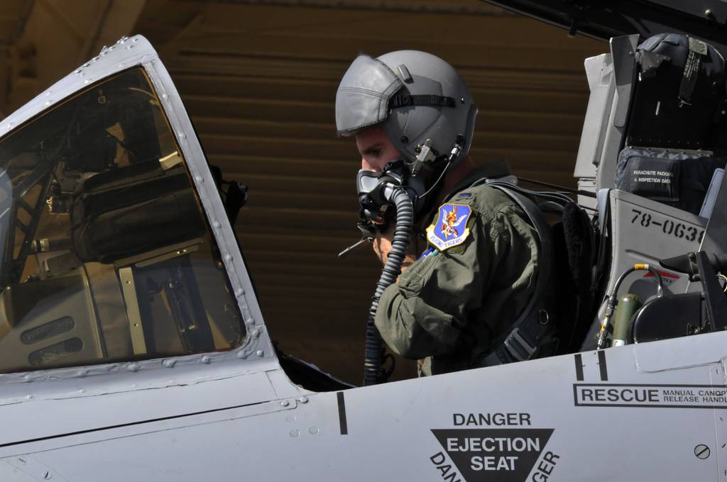 Then-1st Lt. Kyle Adkison runs through preflight checks prior to departure in a 188th Wing A-10C Thunderbolt II "Warthog" aircraft, Tail No. 638, at Ebbing Air National Guard Base, Fort Smith, Arkansas, June 3, 2014. (Airman 1st Class Cody Martin/Air National Guard)