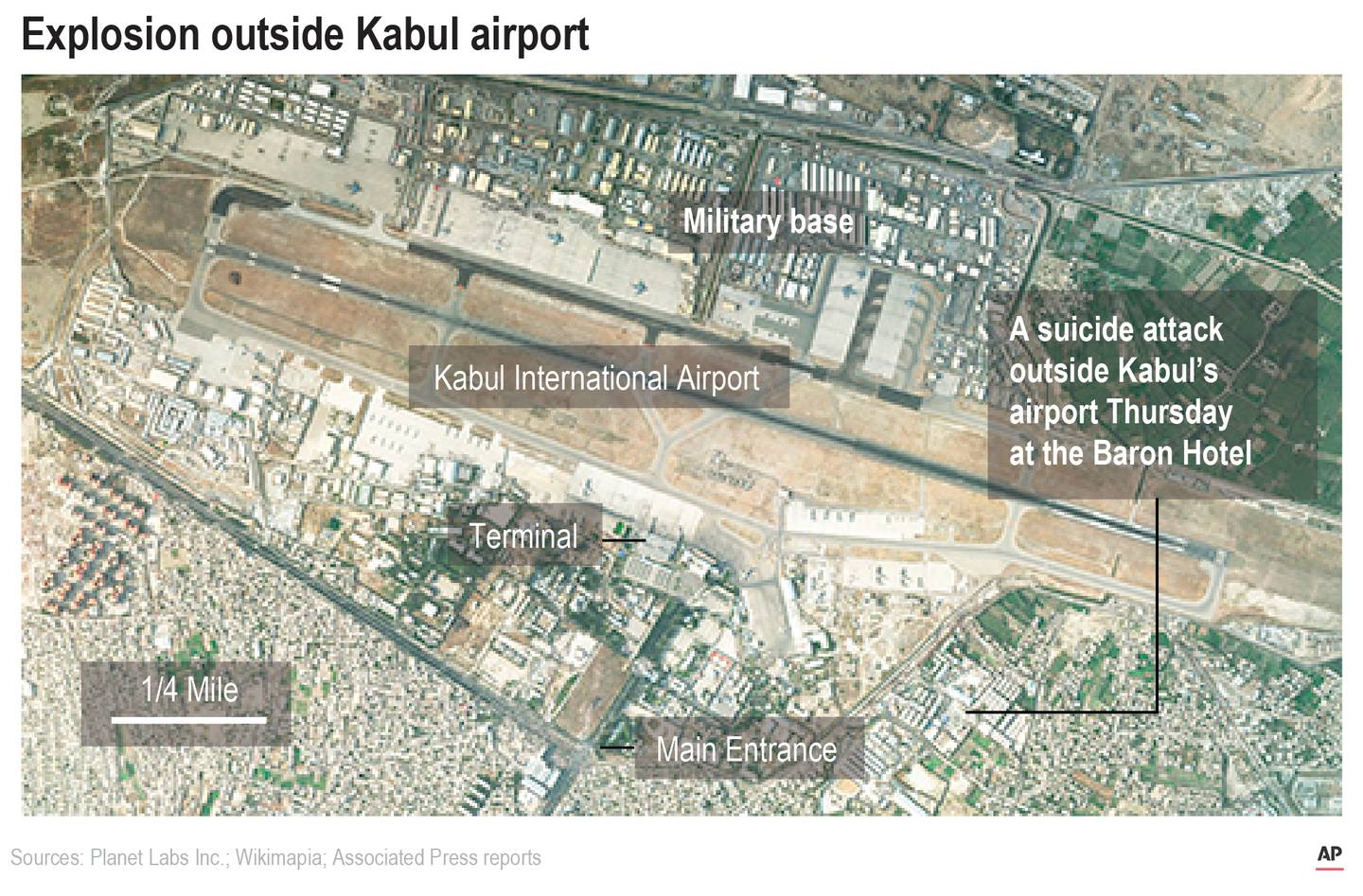 Satellite image shows Kabul International Airport and the location of an explosion near the Abbey Gate. (Planet Labs/Associated Press)