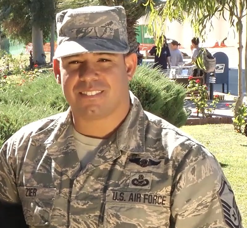 Staff Sgt at the time.  Jeremy Zier sends holiday greetings to San Antonio, Texas from Incirlik Air Force Base, Turkey, in 2013. Zier was demoted from senior master sergeant to technical sergeant and will retire after being convicted of abusive sexual contact and dereliction of duty.  (Screenshot from Air Force video)