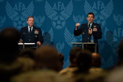Lt. Gen. Michael Loh (right), head of the Air National Guard, and Lt. Gen. Richard Scobee, head of the Air Force Reserve, speak on total force integration at the Air Force Association's annual conference at National Harbor, Md., on Sept. 21, 2021. Photo via @GenCQBrownJr on Twitter.