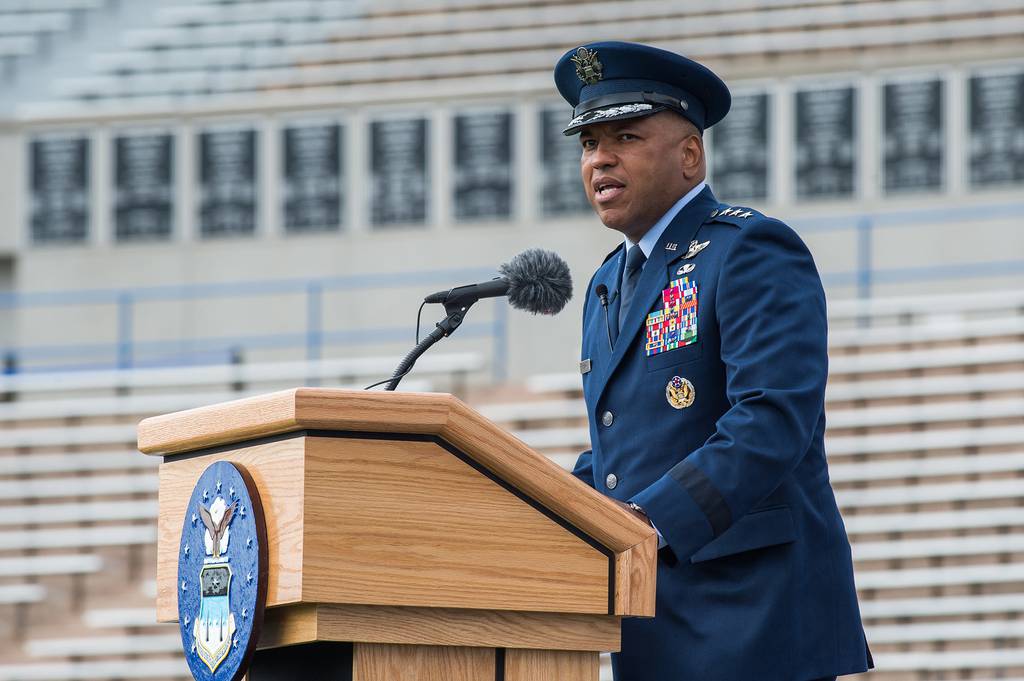 Lt. Gen. Richard M. Clark, the new superintendent of the U.S. Air Force Academy, speaks during the change-of-command ceremony in Falcon Stadium where he become the school's top officer, Sept. 23, 2020.