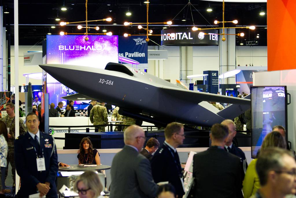 A Kratos Valkyrie unmanned combat aerial vehicle is seen on the exhibit floor at the 2023 Air, Space and Cyber Conference in National Harbor, Maryland.