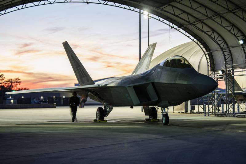 A U.S. Air Force F-22 Raptor assigned to the 325th Fighter Wing undergoes pre-flight checks at Eglin Air Force Base, Florida, Jan. 28, 2021. An F-22 assigned to the wing suffered an in-flight emergency and a ground mishap at Eglin on March 15, 2021. (U.S. Air Force photo by Staff Sgt. Stefan Alvarez)
