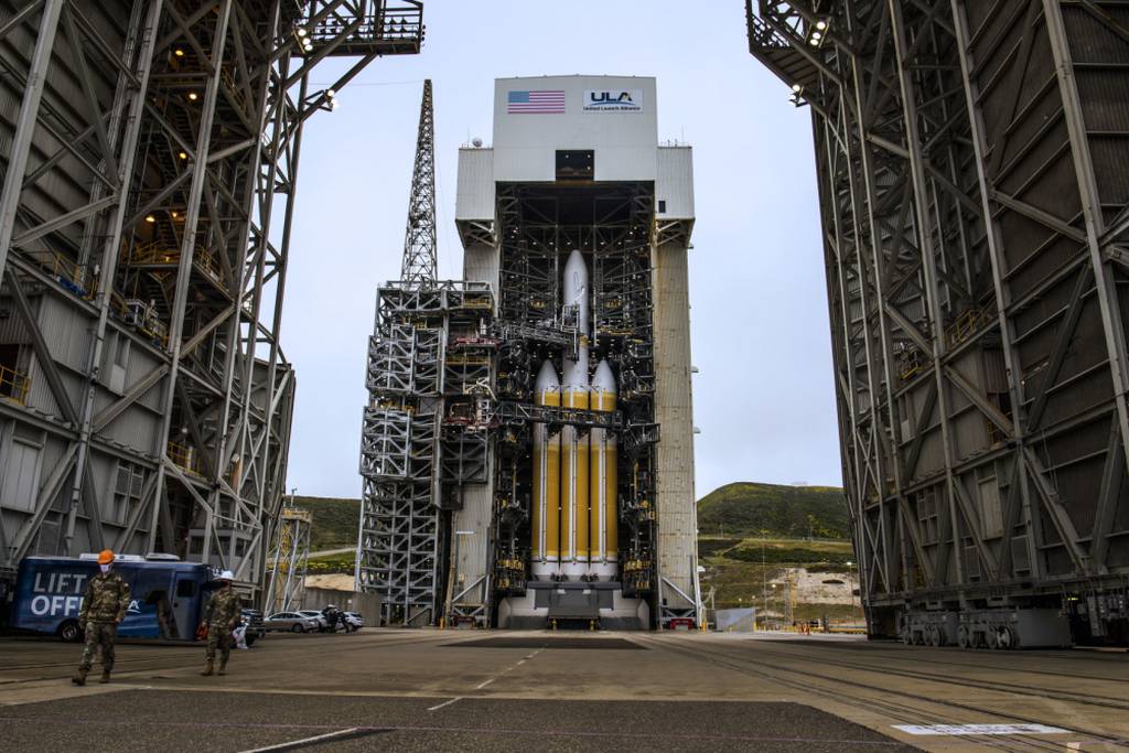 The National Reconnaissance Office Launch-82 vehicle, supported by Delta IV Heavy rockets, stands tall at Space Launch Complex-6 at Vandenberg Air Force Base, California, April 25, 2021. NROL-82 supports the NRO’s overall national security mission to provide intelligence data to U.S. senior policy makers, the intelligence community and the Department of Defense. (Staff Sgt. Luke Kitterman/U.S. Space Force)