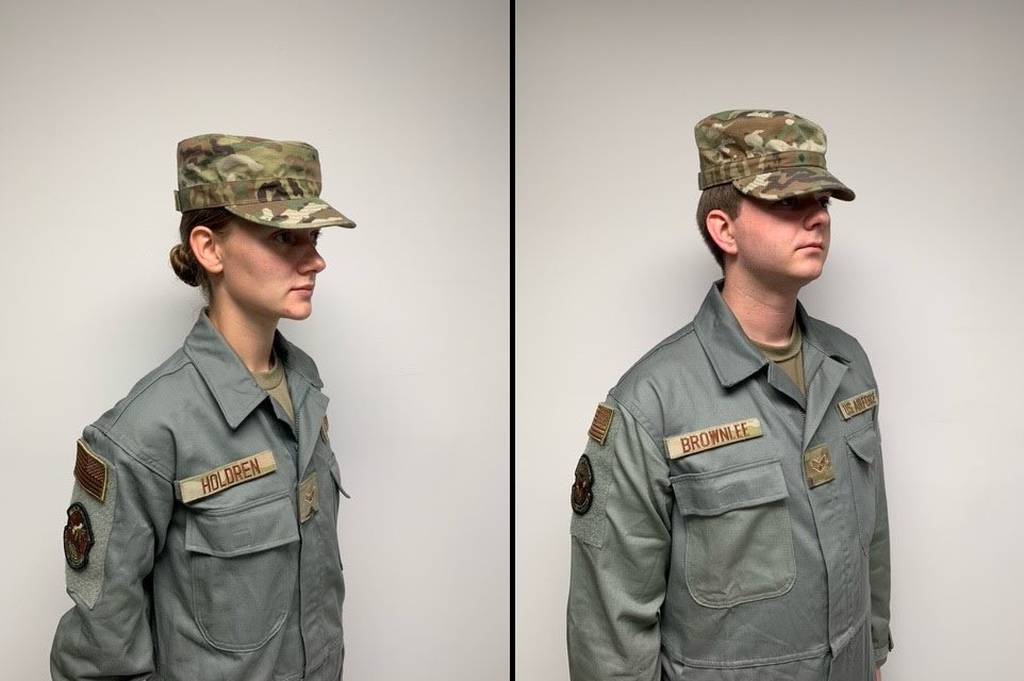 The Air Force updated its dress code, effective Dec. 3, 2021, to allow maintainers, security forces and certain other airmen to wear new sage-colored coveralls at many places on- and off-base. (Air Force photos)
