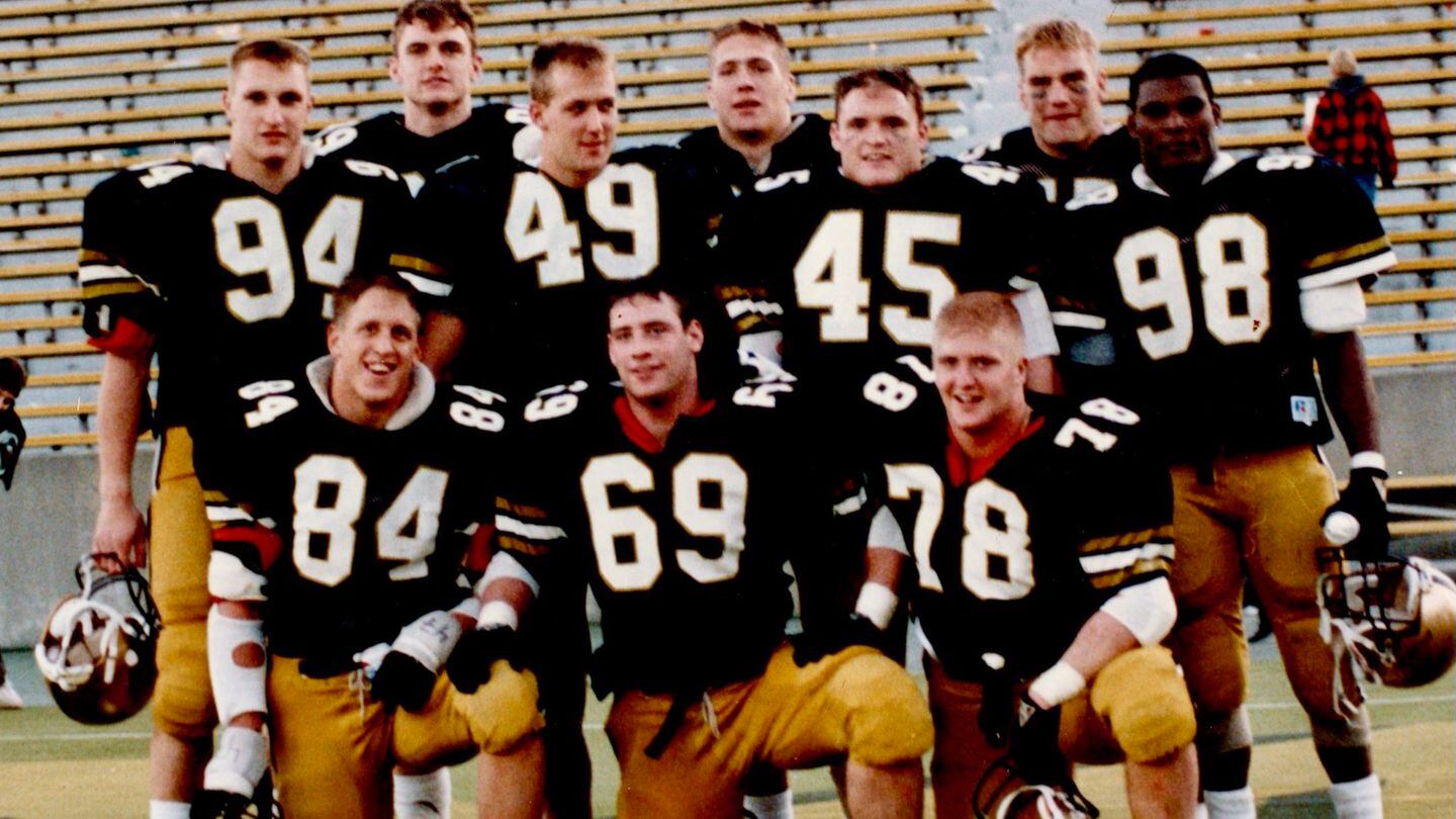 Greg Gadson wears number 98 at the far right. Gadson played outside linebacker for the U.S. Military Academy at West Point. Will Huff, #78, front row, would play an important role later on when he escorted Gadson on the flight from Baghdad to Landstuhl, Germany. Behind Gadson stands Chuck Schretzman, back row. (Photo Courtesy U.S. Military Academy)
