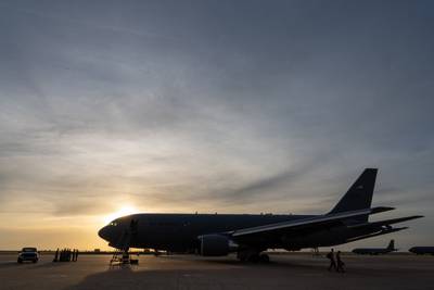 A KC-46A Pegasus, assigned to McConnell Air Force Base, Kansas, sits on the flightline at Morón Air Base, Spain, April 17, 2022. The aircraft is one of four participating in the first KC-46 Employment Concept Exercise, ECE 22-03. The exercise is part of Air Mobility Command’s strategy to employ the KC-46A for operational missions, prior to it reaching full operational capability. (Staff Sgt. Nathan Eckert/Air Force)