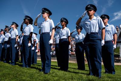 U.S. Air Force Academy cadets participate in the annual Acceptance Day Parade. During this event, cadets received their fourth-class shoulder boards to recognize completing Basic Cadet Training (BCT) and to signify their acceptance into the Cadet Wing. The parade took place on the academy’s Stillman Field in Colorado Springs, Colo., Aug. 5, 2022. (Trevor Cokley/Air Force)