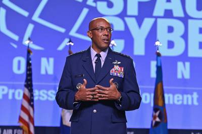 Air Force Chief of Staff Gen. CQ Brown, Jr. answers questions after delivering his “Accelerate Change to Empowered Airmen” speech during the 2021 Air Force Association Air, Space and Cyber Conference in National Harbor, Md., Sept. 20, 2021. (Eric Dietrich/Air Force)