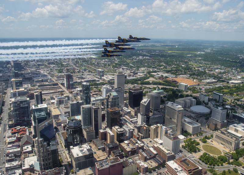 The U.S. Navy Flight Demonstration Squadron, the Blue Angels, honored frontline COVID-19 first responders and essential workers with formation flights over Nashville and Little Rock on May 14, 2020.