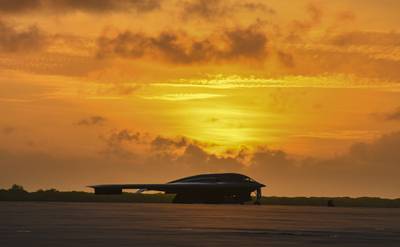 A B-2 Spirit sits on the flightline of Naval Support Facility Diego Garcia in support of a Bomber Task Force deployment, Aug. 24, 2020.