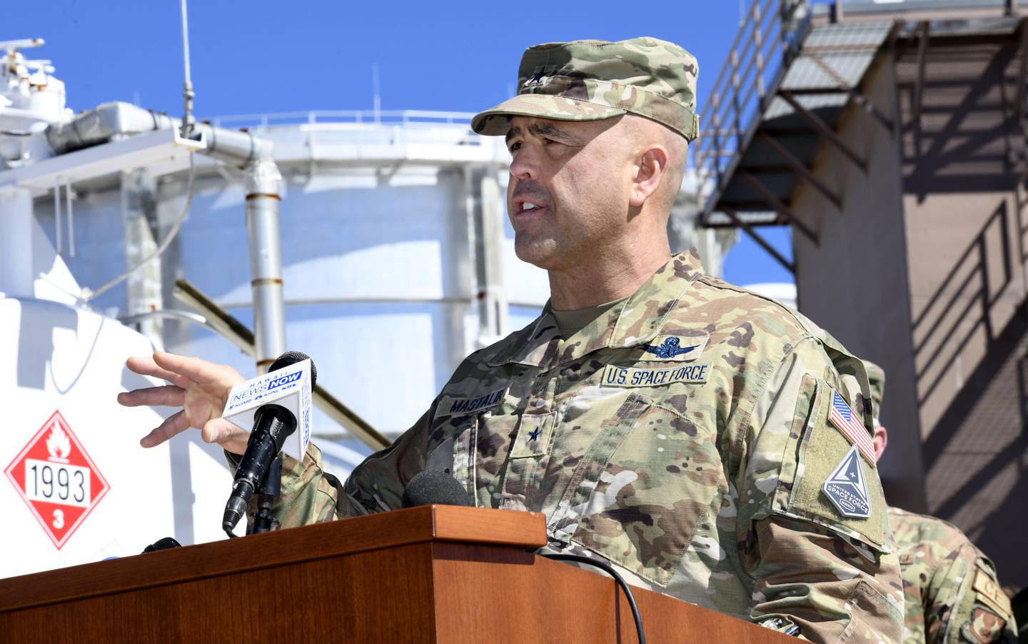 Brig. Gen. Anthony Mastalir, commander of the U.S. Space Forces Indo-Pacific, addresses the media at Haleakala High Altitude Observatory, Hawaii on Monday, Feb. 6, 2023, near the site where hundreds of gallons of diesel fuel spilled last week.