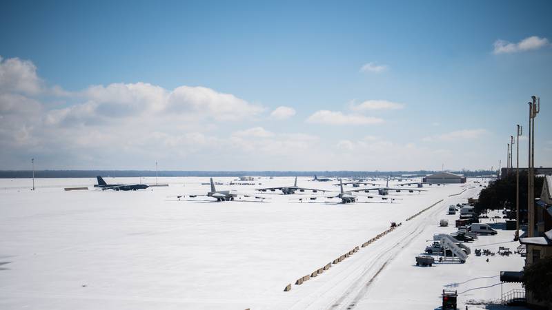 Snow covered B-52H Stratofortresses sit on the flightline at Barksdale Air Force Base, La., Feb. 19, 2021. Barksdale measured approximately four inches of snow Feb. 14 and 15. An additional two inches of snow and sleet were recorded on Feb. 17. (Air Force/Airman 1st Class Jacob Wrightsman)