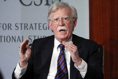In this Sept. 30, 2019, file photo, former national security adviser John Bolton gestures while speakings at the Center for Strategic and International Studies in Washington.