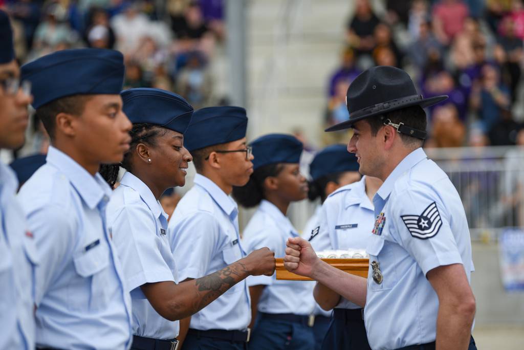 More than 600 airmen and guardians assigned to the 324th Training Squadron graduated from basic military training at Joint Base San Antonio-Lackland, Texas, March 17, 2022. (Miriam Thurber/Air Force)