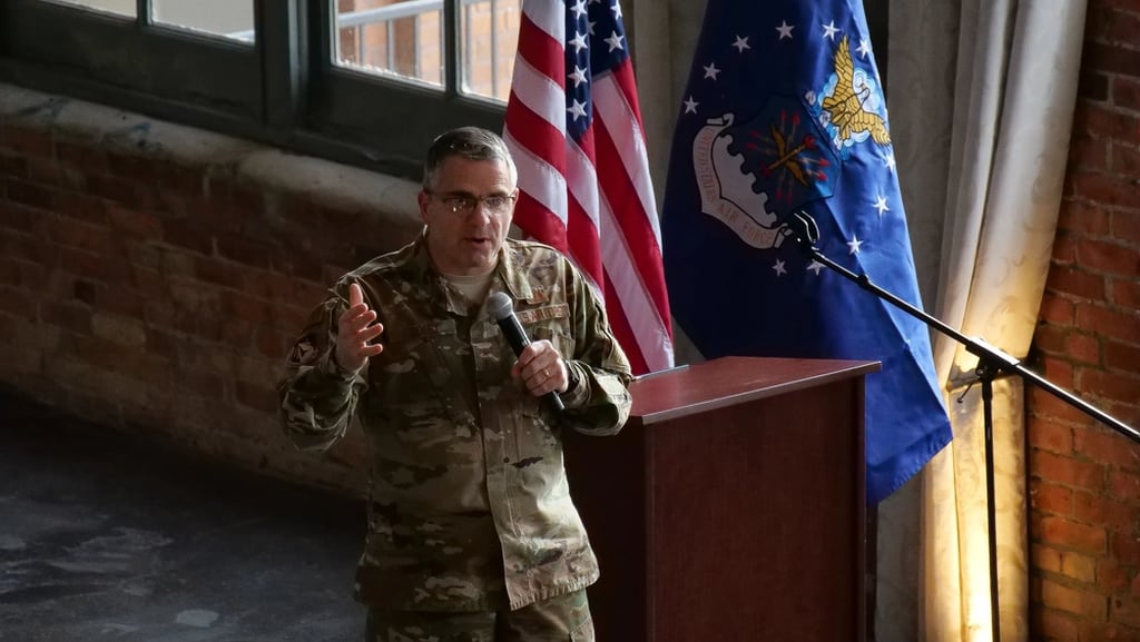 Maj. Gen. Bill Cooley, then the Air Force Research Laboratory commander, addresses a Small Business Innovation Research program pitch day event in November 2019 in Dayton, Ohio. (Keith Lewis/Air Force)