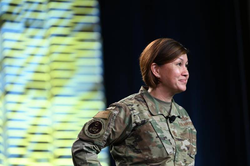 Chief Master Sergeant of the Air Force JoAnne S. Bass speaks to airmen during the 2022 Air Force Sergeants Association Professional Education and Development Symposium in San Antonio, Texas, Aug. 18, 2022. (Master Sgt. Jarad A. Denton/Air Force)